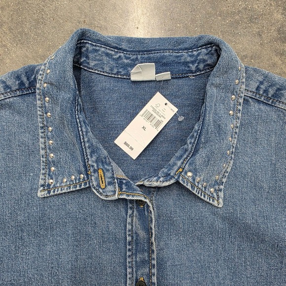 Y2K 90s Style Gap Denim Shirt Jacket Shacket Studded Collar Oversized XL - Picture 2 of 6